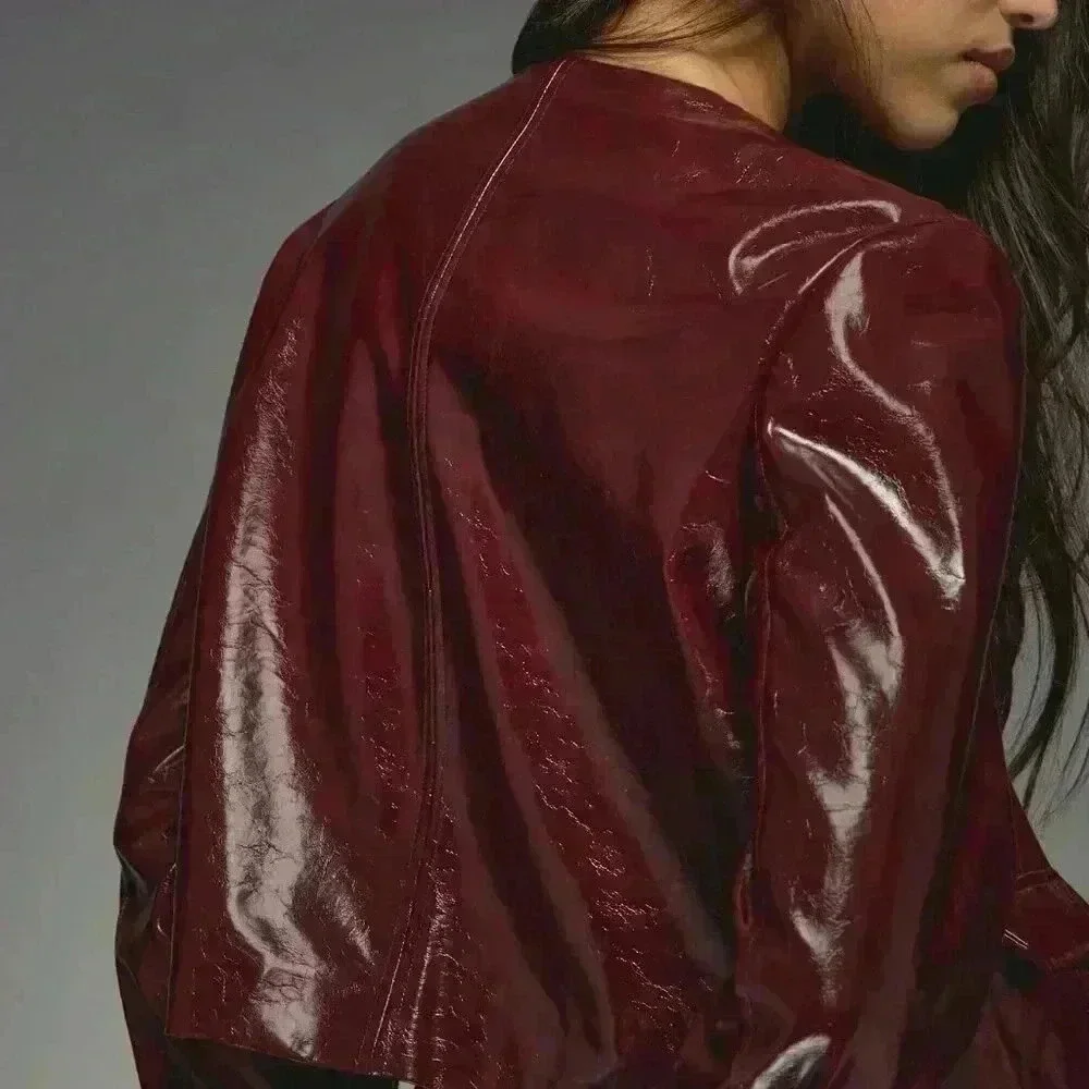 Burgundy Casual Women's Faux Leather Buttoned Round Neck Long Sleeves Jacket - Picture 6 of 8